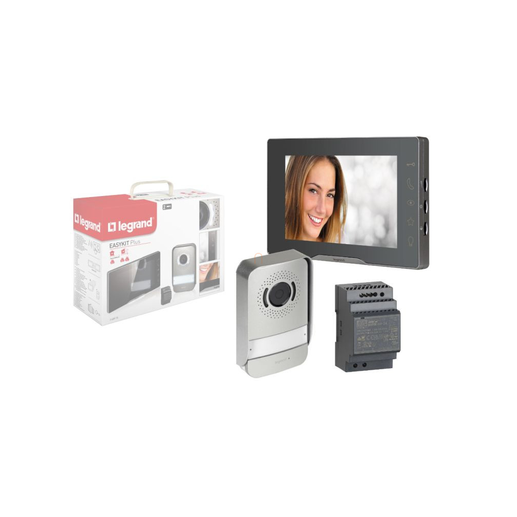 Legrand 2 vezetékes EASYKIT Plus videó kaputelefon szett: színes videó, 7col, bővíthető 1 lakásos, DIN moduláris táppal, tükörhatású 368915