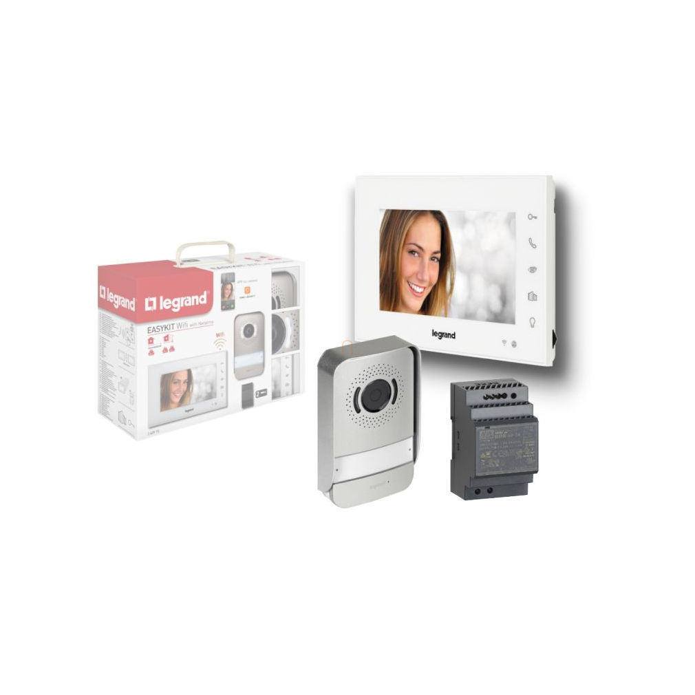 Legrand 2 vezetékes EASYKIT Wi-Fi videó kaputelefon szett: színes videó, 7col, bővíthető 1 lakásos, DIN moduláris táppal, fehér 360915