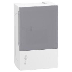   Schneider Electric Resi9 Mini Pragma - MIP12104T - Kiselosztó, tejüveg hatású átlátszó ajtó, falon kívüli, 1x4 modul, PEN sín, fehér
