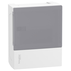   Schneider Electric Resi9 Mini Pragma - MIP12106T - Kiselosztó, tejüveg hatású átlátszó ajtó, falon kívüli, 1x6 modul, PEN sín, fehér
