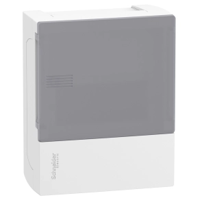 Schneider Electric Resi9 Mini Pragma - MIP12106T - Kiselosztó, tejüveg hatású átlátszó ajtó, falon kívüli, 1x6 modul, PEN sín, fehér