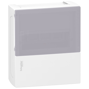   Schneider Electric Resi9 Mini Pragma - MIP12108T - Kiselosztó, tejüveg hatású átlátszó ajtó, falon kívüli, 1x8 modul, PEN sín, fehér