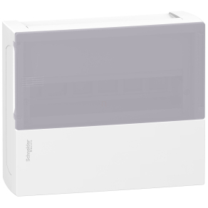   Schneider Electric Resi9 Mini Pragma - MIP12112T - Kiselosztó, tejüveg hatású átlátszó ajtó, falon kívüli, 1x12 modul, PEN sín, fehér