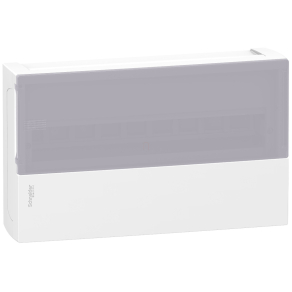   Schneider Electric Resi9 Mini Pragma - MIP12118T - Kiselosztó, tejüveg hatású átlátszó ajtó, falon kívüli, 1x18 modul, PEN sín, fehér