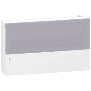 Schneider Electric Resi9 Mini Pragma - MIP12118T - Kiselosztó, tejüveg hatású átlátszó ajtó, falon kívüli, 1x18 modul, PEN sín, fehér
