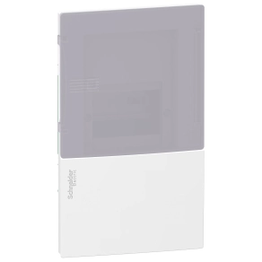 Schneider Electric Resi9 Mini Pragma - MIP22104T - Kiselosztó, tejüveg hatású átlátszó ajtó, süllyesztett, 1x4 modul, PEN sín, komplett, fehér