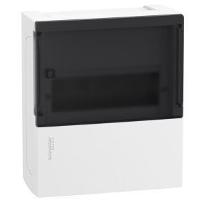   Schneider Electric Resi9 Mini Pragma - MIP12108S - Kiselosztó, füstszínű átlátszó ajtó, falon kívüli, 1x8 modul, PEN sín, komplett, fehér