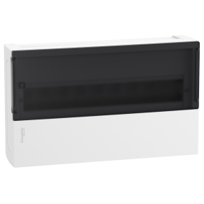   Schneider Electric Resi9 Mini Pragma - MIP12118S - Kiselosztó, füstszínű átlátszó ajtó, falon kívüli, 1x18 modul, PEN sín, fehér