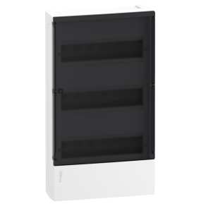   Schneider Electric Resi9 Mini Pragma - MIP12312S - Kiselosztó, füstszínű átlátszó ajtó, falon kívüli, 3x12 modul, PEN sín, fehér