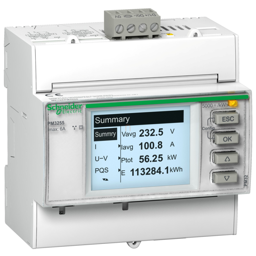 METSEPM3250 Teljesítménymérő I,In,U,V,PQS,E,PF,Hz,átlag, MODBUS Schneider