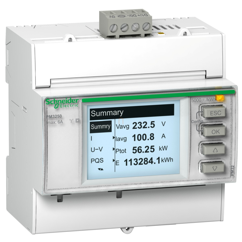 METSEPM3255 Teljesítménymérő I,In,U,V,PQS,E,PF,Hz,átlag, MODBUS, memória Schneider