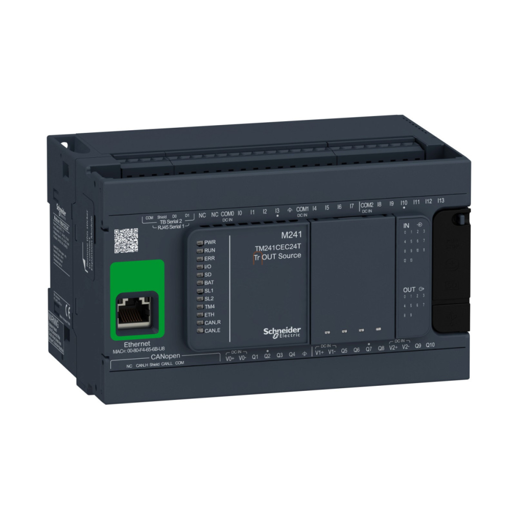 TM241CEC24T Modicon M241 gépvezérlő PLC, 24 I/O, tranz. (source) kimenet, RS232/RS485, RS485, Ethernet Modbus TCP/IP, CANopen, 24VDC Schneider