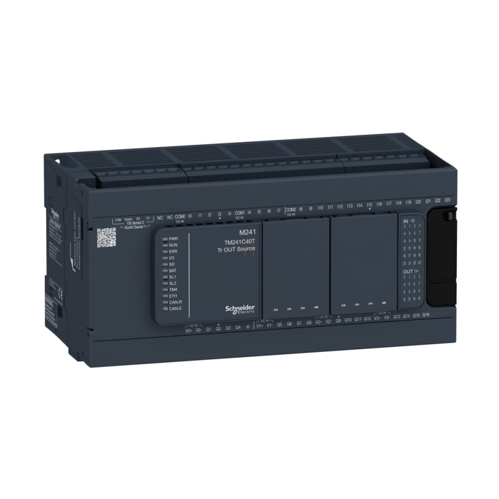 TM241C40T Modicon M241 gépvezérlő PLC, 40 I/O, tranzisztor (source) kimenet, RS232/RS485, RS485, 24 VDC Schneider