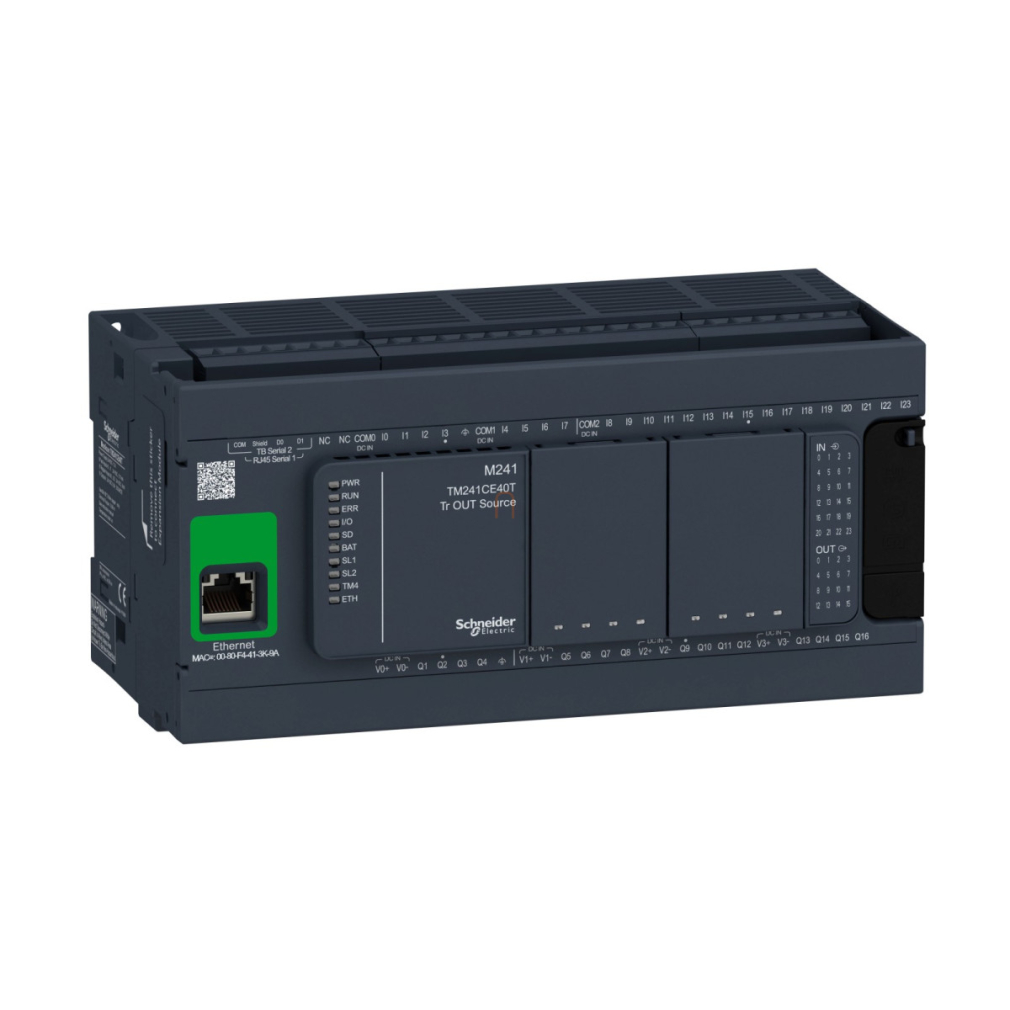 TM241CE40T Modicon M241 gépvezérlő PLC, 40 I/O, tranzisztor (source) kimenet, RS232/RS485, RS485, Ethernet Modbus TCP/IP, 24 VDC Schneider