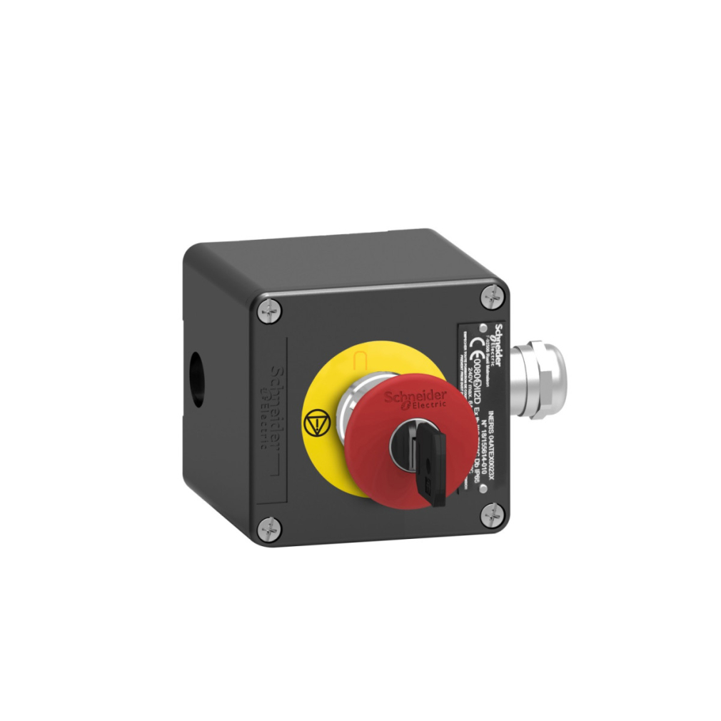 ATEX D tokozott vészleállító, gombafejű 40mm, kulccsal oldható, fém, 2NC, piros XAWF188EX Schneider