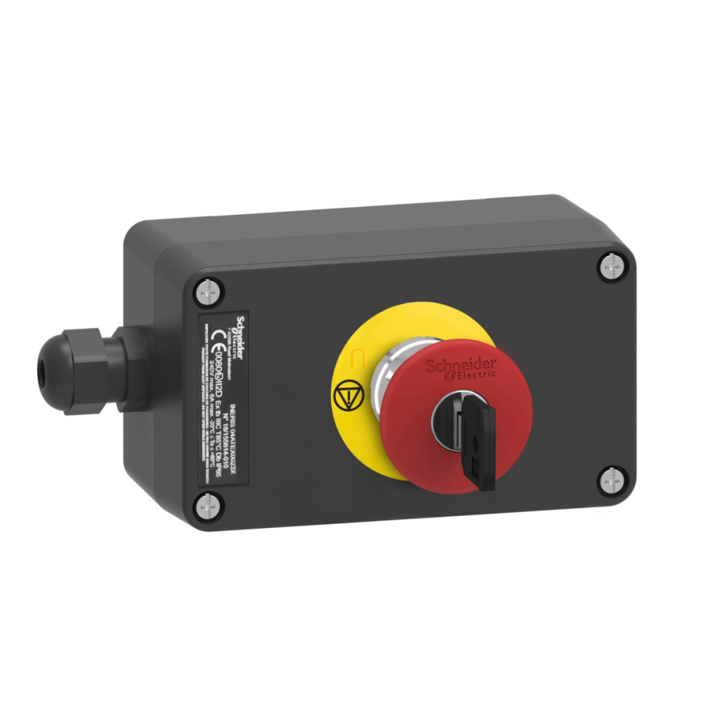 ATEX D tokozott vészleállító, gombafejű 40mm, kulccsal oldható, műanyag, 2NC, piros XAWG188EX Schneider
