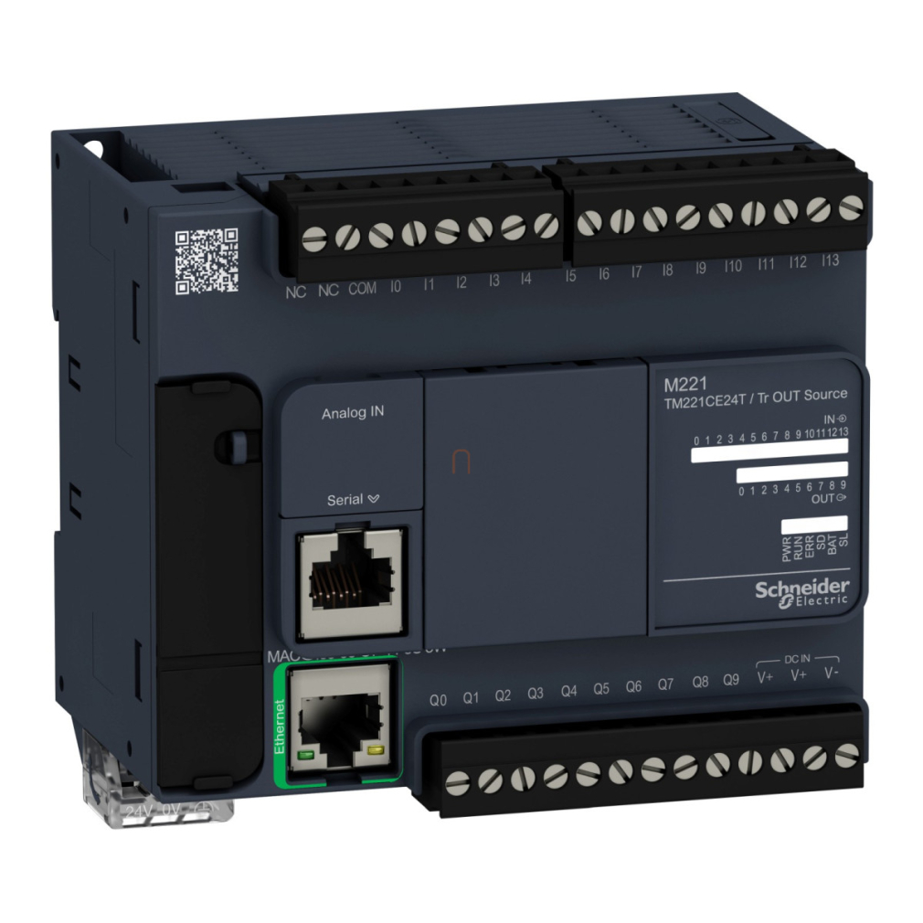 TM221CE24T Modicon M221 gépvezérlő PLC, 24 I/O, tranzisztor (source) kimenet, RS232/RS485, Ethernet Modbus TCP/IP, 24 VDC Schneider