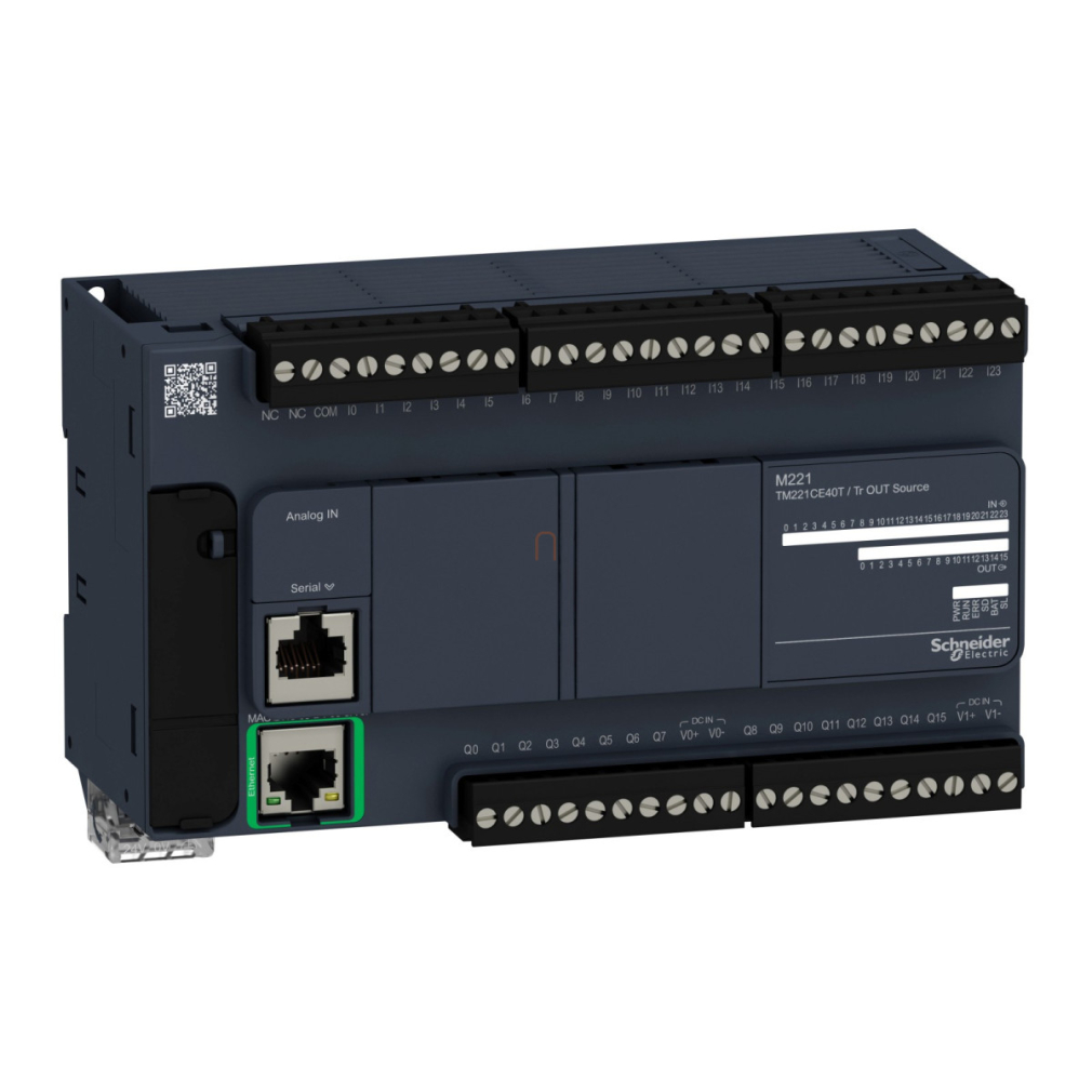 TM221CE24T Modicon M221 gépvezérlő PLC, 40 I/O, tranzisztor (source) kimenet, RS232/RS485, Ethernet Modbus TCP/IP, 24 VDC Schneider