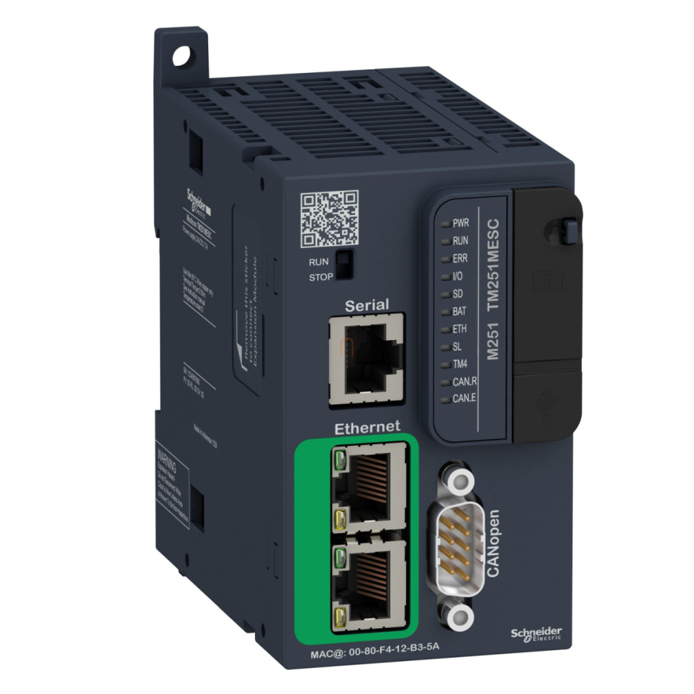 TM251MESC Modicon M251 gépvezérlő PLC elosztott I/O architektúrához, RS232/RS485, Ethernet Modbus TCP/IP, CANopen, 24 VDC Schneider