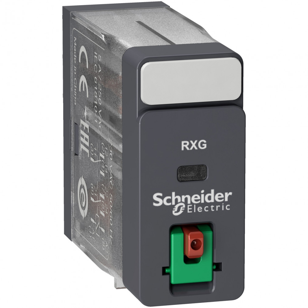 Schneider RXG interfész relé, 2CO, 5A, 230VAC, tesztgomb RXG21P7