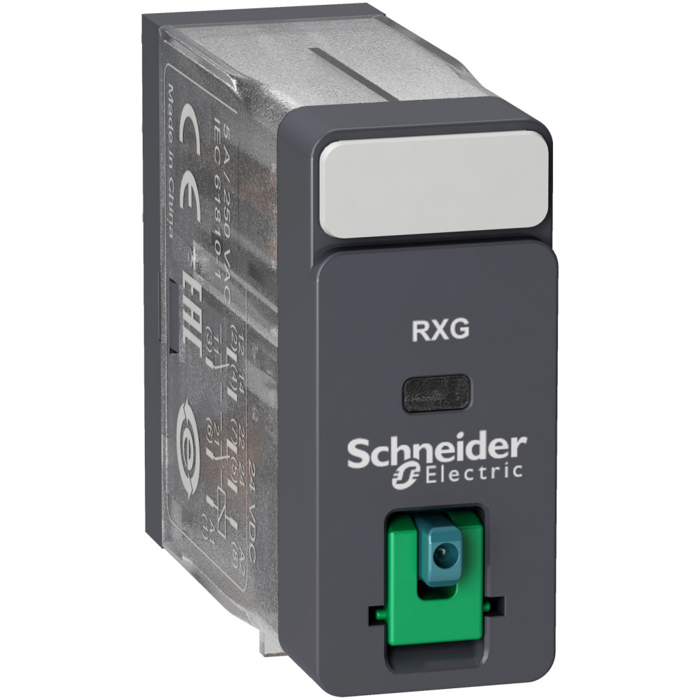 Schneider RXG interfész relé, 2CO, 5A, 24VDC, tesztgomb RXG21BD