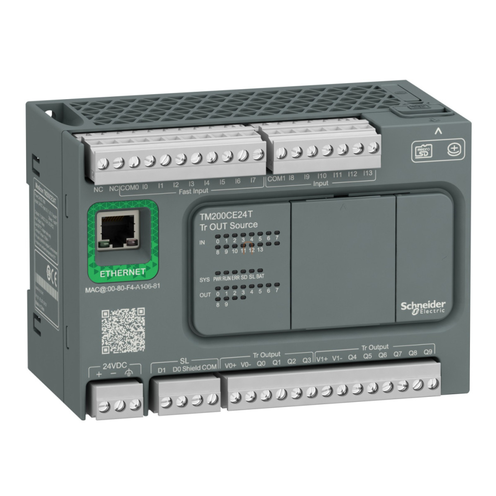 Modicon M200 Easy PLC, 24 I/O1xRS485, 1xEthernet, tranzisztoros kimenet (source), 24 VDC TM200CE24T Schneider