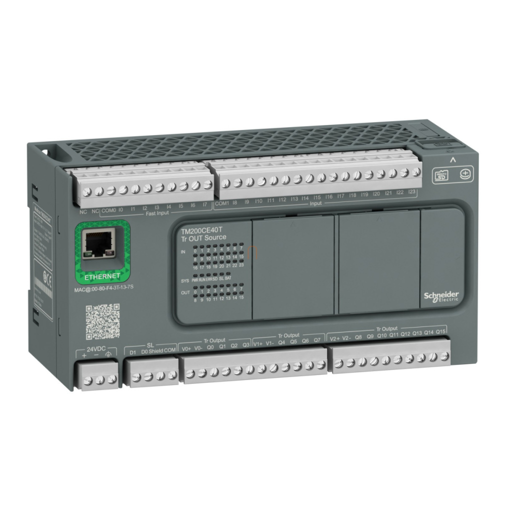 Modicon M200 Easy PLC, 40 I/O1xRS485, 1xEthernet, tranzisztoros kimenet (source), 24 VDC TM200CE40T Schneider