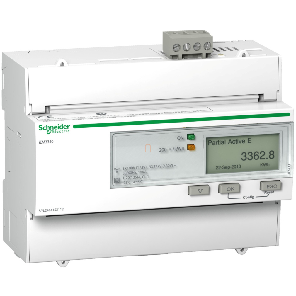 Fogyasztásmérő direkt 3F 125A digitális, DIN sínre, MODBUS A9MEM3350 Schneider