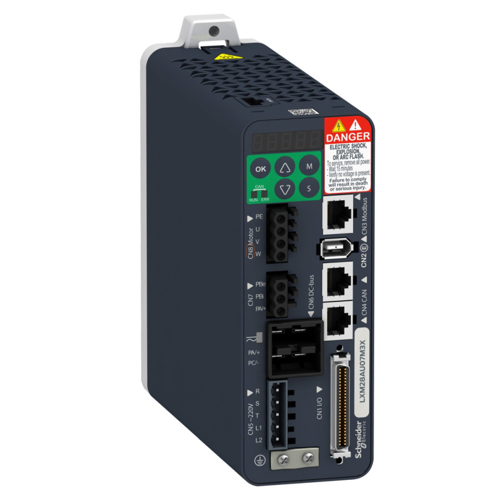Lexium 28 szervohajtás, 200 W, 1/3f, 230 VAC, 1x Modbus, 2x CANopen/CANmotion LXM28AU02M3X Schneider