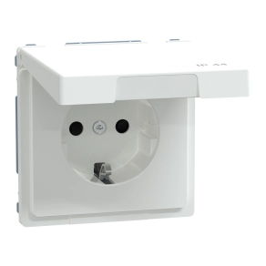 Schneider Merten 2P+F csatlakozóaljzat, biztonsági zsaluval, csapófedéllel, rugós bekötés, 16A, IP44, lótuszfehér (System Design)