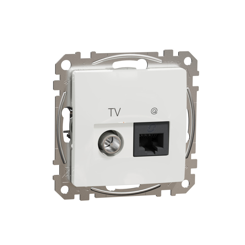 Schneider Electric Sedna TV és RJ45 Cat6 UTP kombinált aljzat fehér színben, süllyesztett kivitelben, koaxiális apa TV csatlakozóval és 250 MHz-es adatkapcsolattal, fényes UV-stabilizált ABS házzal SDD111469T