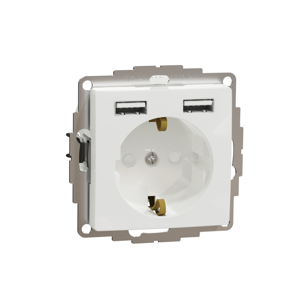 Schneider Electric Sedna Design Elements fehér 2P+F csatlakozóaljzat kettős USB töltővel, biztonsági zsaluval, rugós bekötéssel, 16A/2,4A terhelhetőséggel, SDD111052