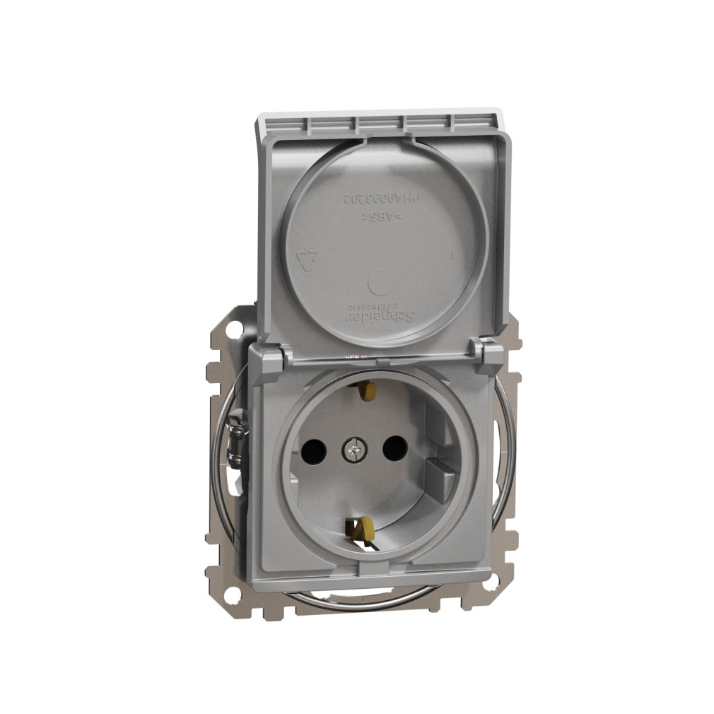 Schneider Electric Sedna Design Elements alumínium 2P+F csatlakozóaljzat biztonsági zsaluval csapófedéllel, csavaros bekötéssel, 16A terhelhetőséggel, SDD113023