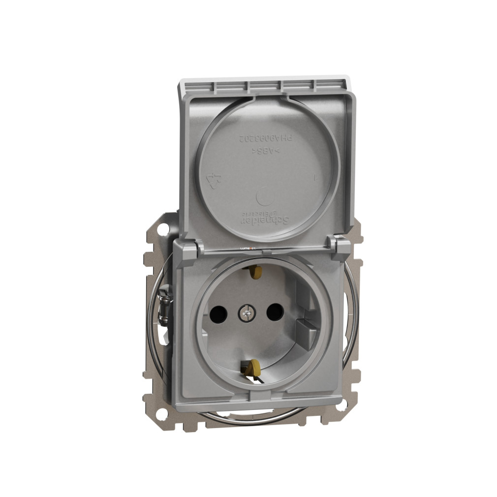 Schneider Electric Sedna Design Elements alumínium 2P+F csatlakozóaljzat biztonsági zsaluval, csapófedéllel, rugós bekötéssel, 16A terhelhetőséggel, SDD113024