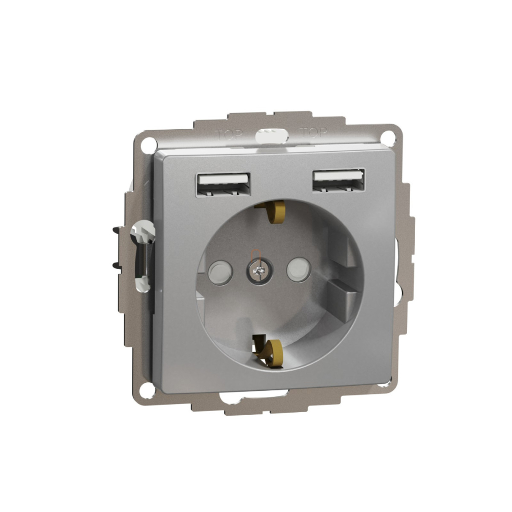 Schneider Electric Sedna Design Elements alumínium 2P+F csatlakozóaljzat kettős USB töltővel, biztonsági zsaluval, rugós bekötéssel, 16A/2,4A terhelhetőséggel, SDD113052