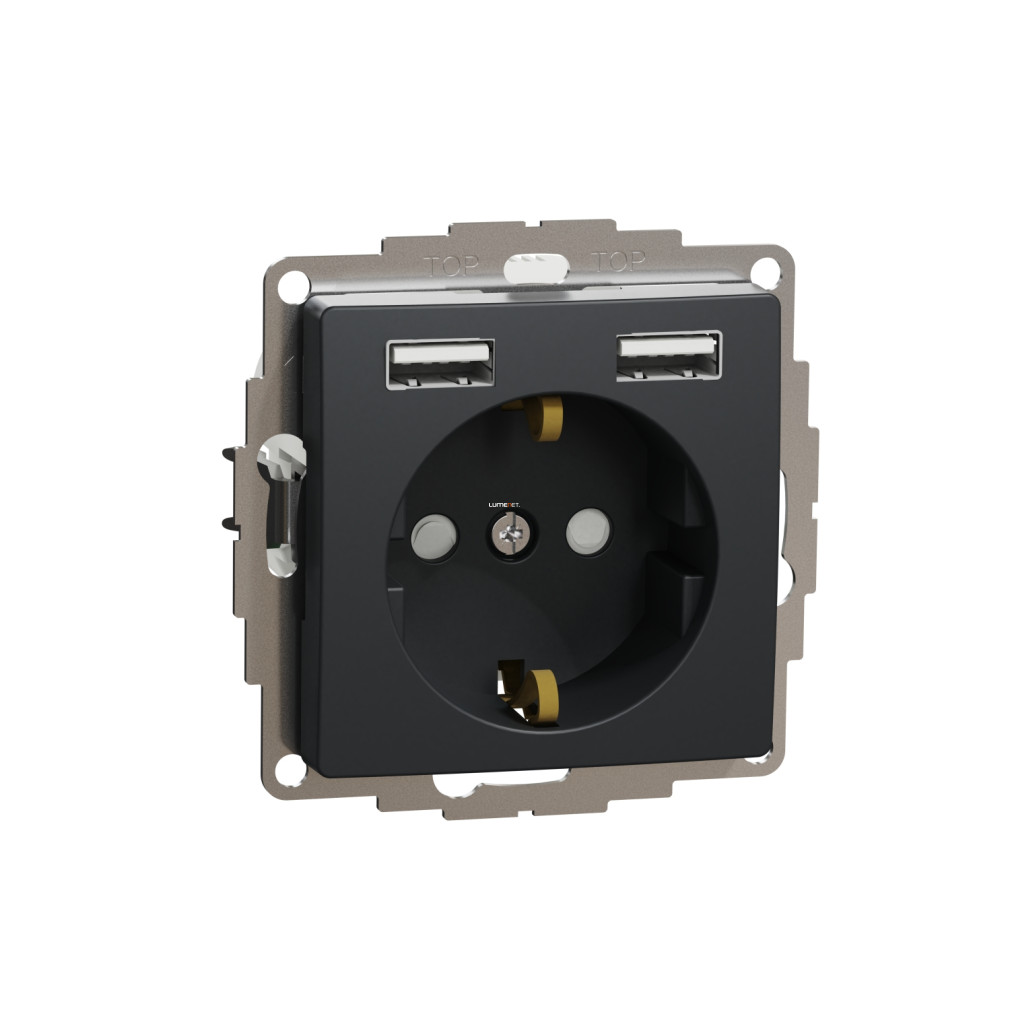 Schneider Electric Sedna Design Elements antracit 2P+F csatlakozóaljzat kettős USB töltővel, biztonsági zsaluval, rugós bekötéssel, 16A/2,4A terhelhetőséggel, SDD114052
