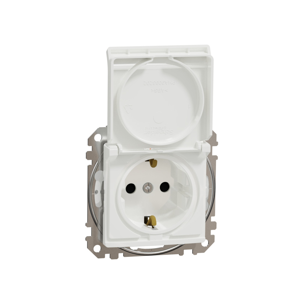 Schneider Electric Sedna Design Elements fehér 2P+F csatlakozóaljzat biztonsági zsaluval, csapófedéllel, csavaros bekötéssel, IP44 védettséggel, 16A terhelhetőséggel, SDD211023