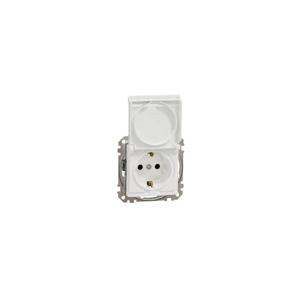 Schneider Electric Sedna Design Elements fehér 2P+F csatlakozóaljzat biztonsági zsaluval, csapófedéllel, rugós bekötéssel, IP44 védettséggel, 16A terhelhetőséggel, SDD211024