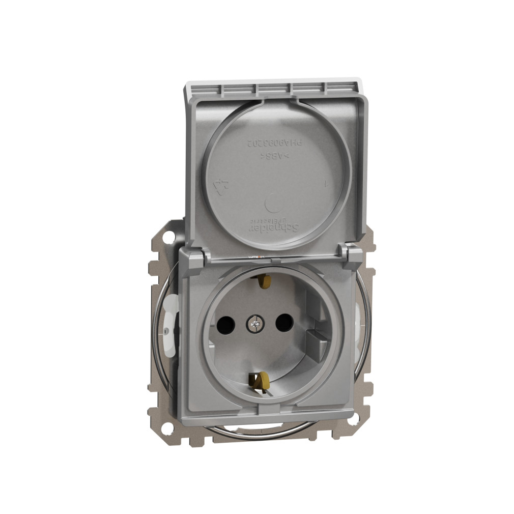 Schneider Electric Sedna Design Elements alumínium 2P+F csatlakozóaljzat biztonsági zsaluval, csapófedéllel, csavaros bekötéssel, IP44 védettséggel, 16A terhelhetőséggel, SDD213023