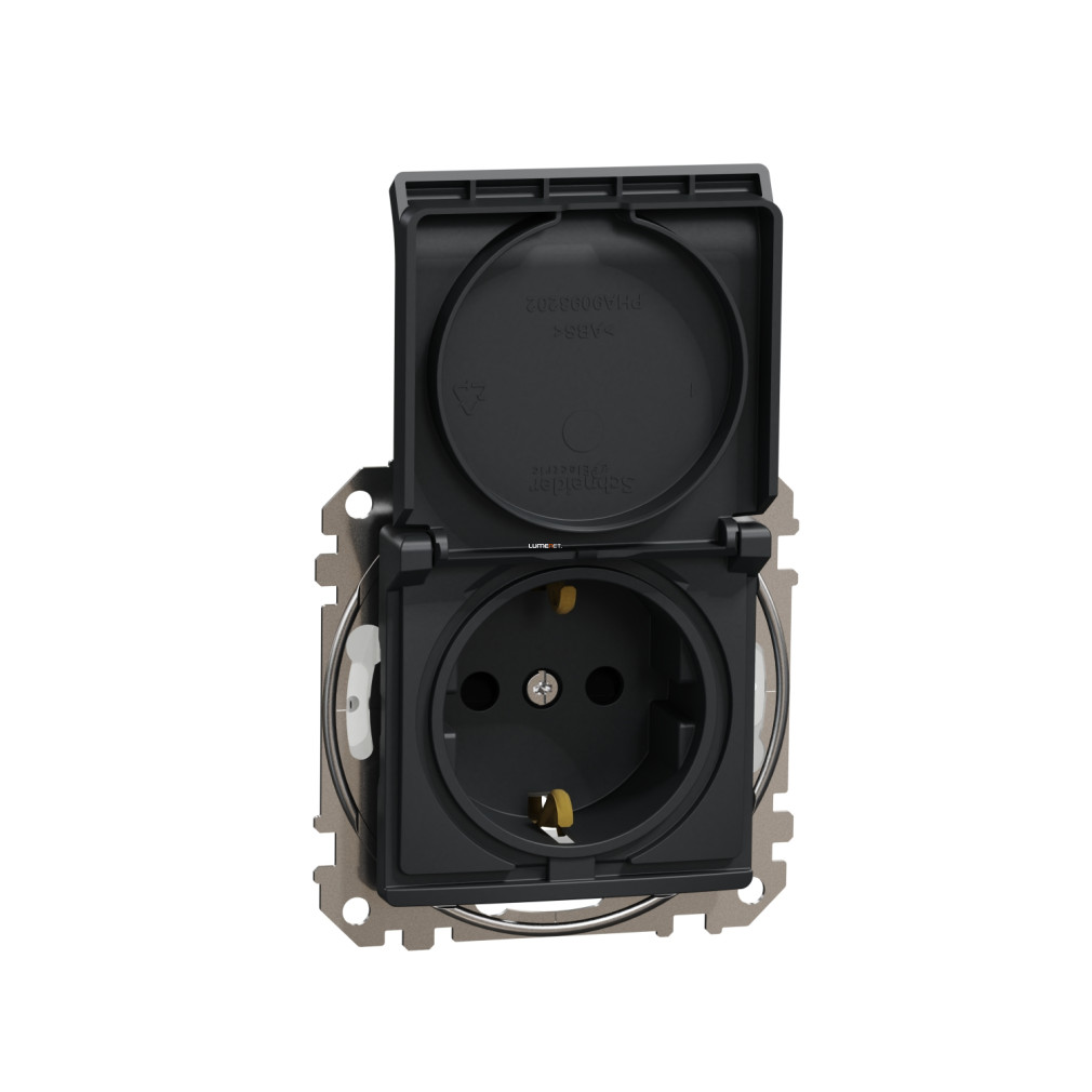 Schneider Electric Sedna Design Elements antracit 2P+F csatlakozóaljzat biztonsági zsaluval, csapófedéllel, csavaros bekötéssel, IP44 védettséggel, 16A terhelhetőséggel, SDD214023