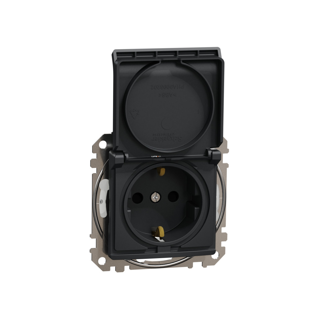 Schneider Electric Sedna Design Elements antracit 2P+F csatlakozóaljzat biztonsági zsaluval, csapófedéllel, rugós bekötéssel, IP44 védettséggel, 16A terhelhetőséggel, SDD214024