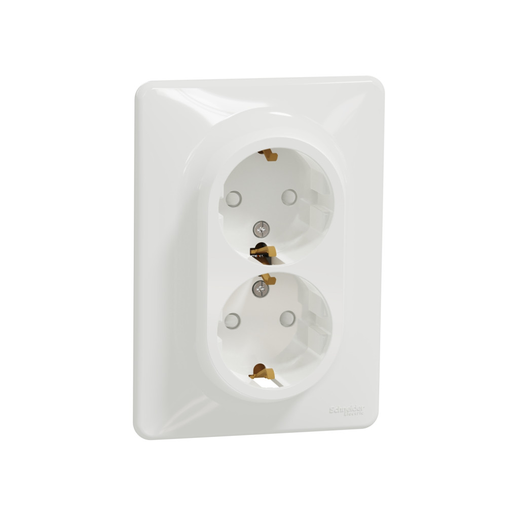 Schneider Electric Sedna Design Elements fehér dupla 2P+F csatlakozóaljzat biztonsági zsaluval, csavaros bekötéssel, 16A terhelhetőséggel, kerettel, SDD311221