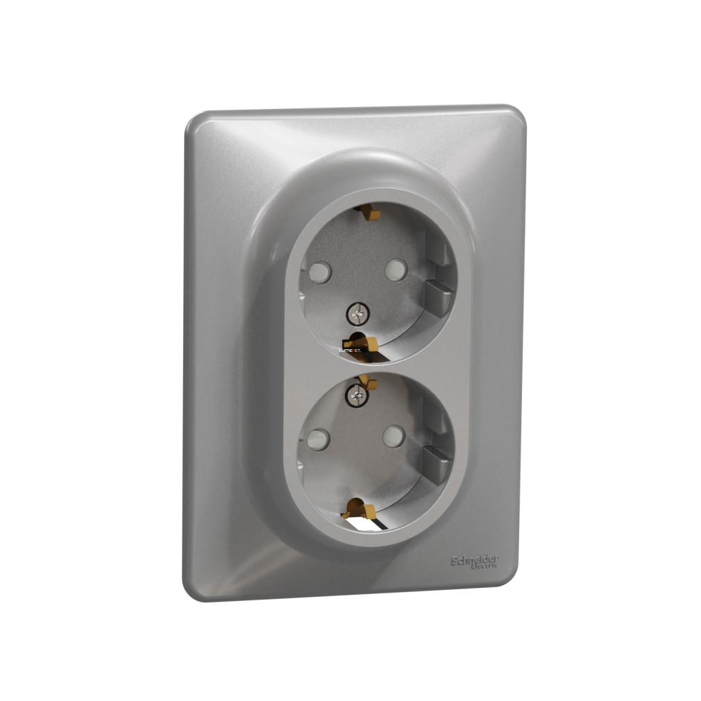 Schneider Electric Sedna Design Elements alumínium dupla 2P+F csatlakozóaljzat biztonsági zsaluval, csavaros bekötéssel, 16A terhelhetőséggel, kerettel, SDD313221