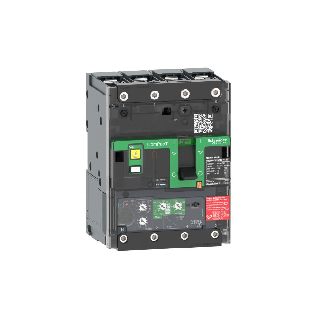 Compact NSXm Vigi megszakító 4P 160A 70kA síncsatlakozókkal C12H44V160B Schneider