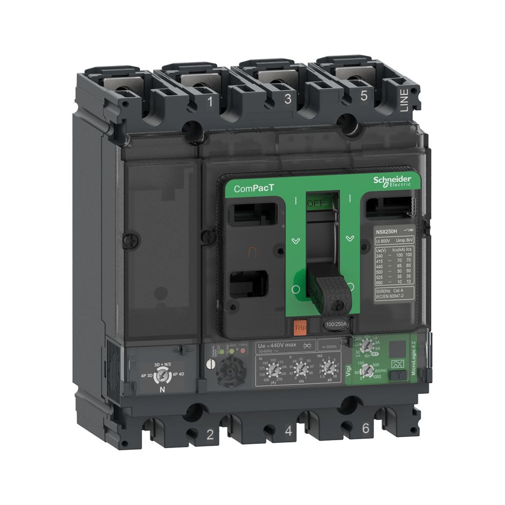 Compact NSX250 megszakító 4P 25kA Micrologic 4.2 Vigi kioldóegység 100A 4P4D C25B44V100 Schneider