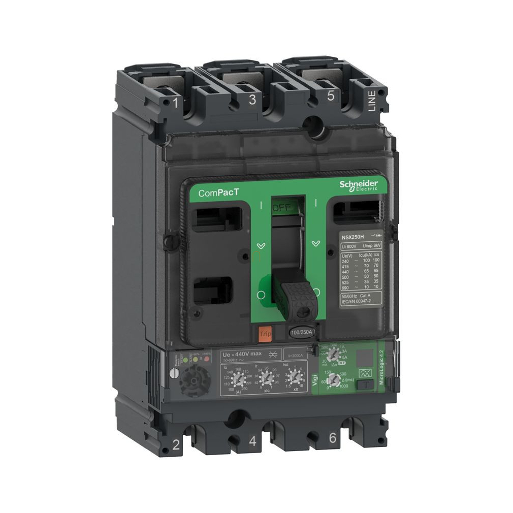 Compact NSX250 megszakító 3P 70kA Micrologic 4.2 Vigi kioldóegység 160A 3P3D C25H34V160 Schneider