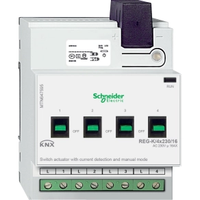 Schneider Electric KNX - MTN647595 - Merten-KNX REG-K/4x230/16 kapcsolóaktor kézi üzemmóddal és áramérzékeléssel