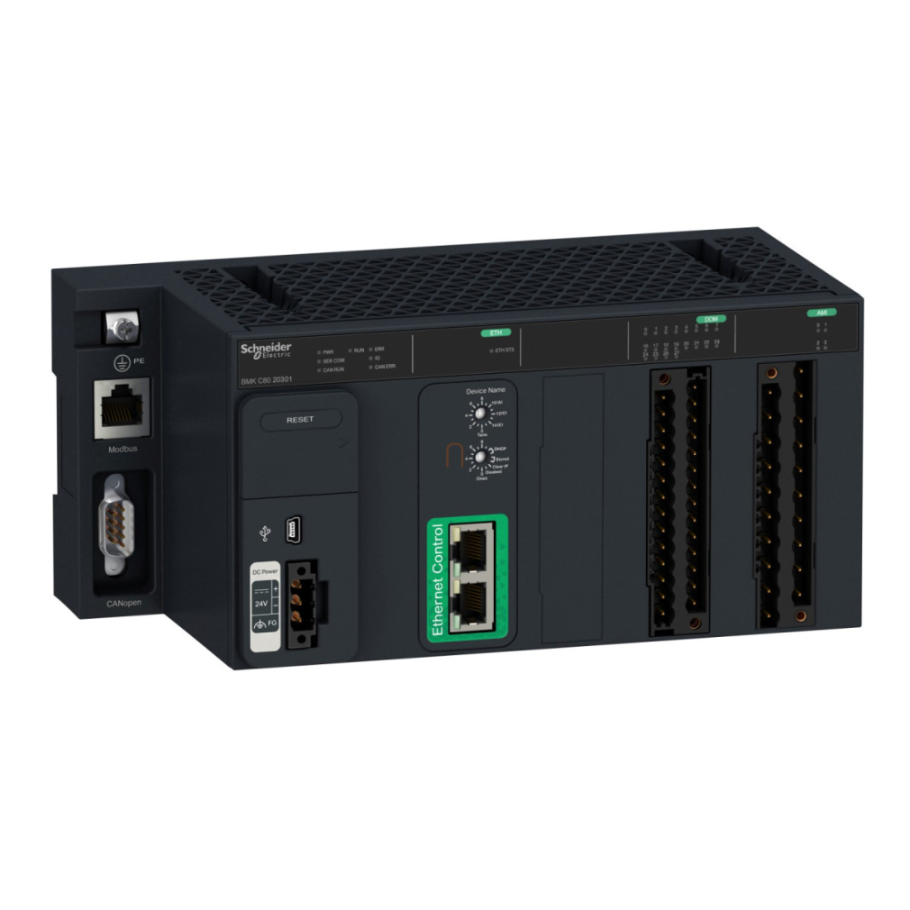 Modicon MC80 logikai vezérlő 8 DI+12 DO+4 AI(-20…20mA/-10…10V) 1 sor Modbus 1CANopen 2Ethernet BMKC8020301 Schneider