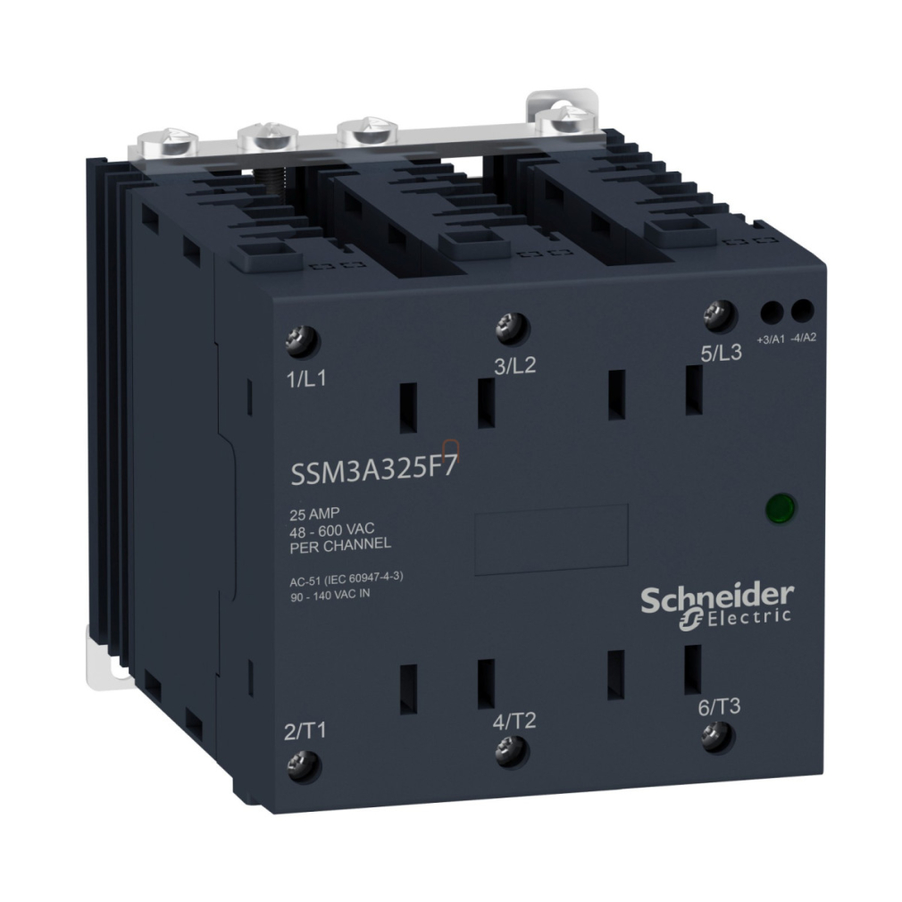 SSM szilárdtestrelé, 3 fázis, nullfeszültségű kapcsolás, 3NO, 48-600VAC, 25A, 120VAC SSM3A325F7 Schneider