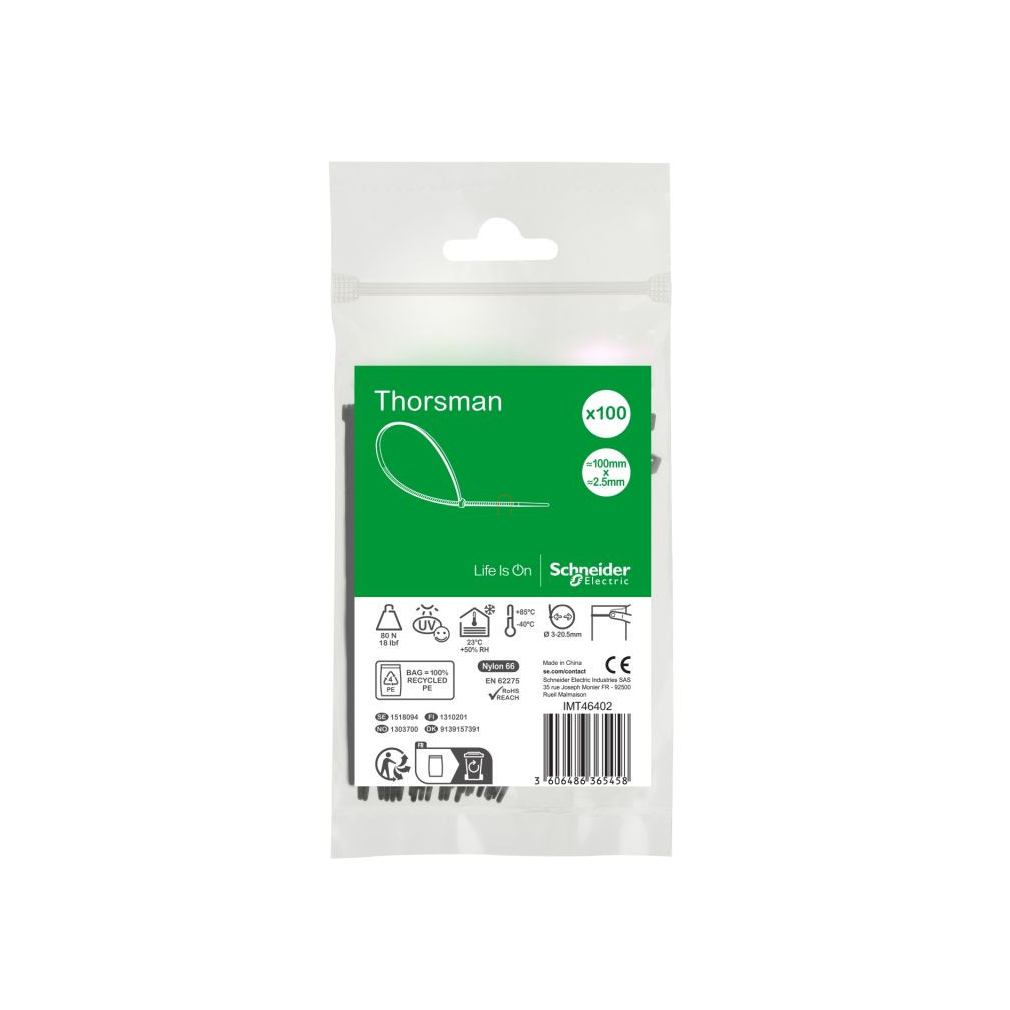Kábelkötegelő 100x2.5mm, fekete (100 db) THORSMAN IMT46402 Schneider